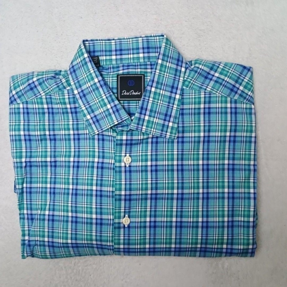 David Donahue Shirt Mens 17 34 35 Green Plaid Button-Up Long Sleeve Cotton Work